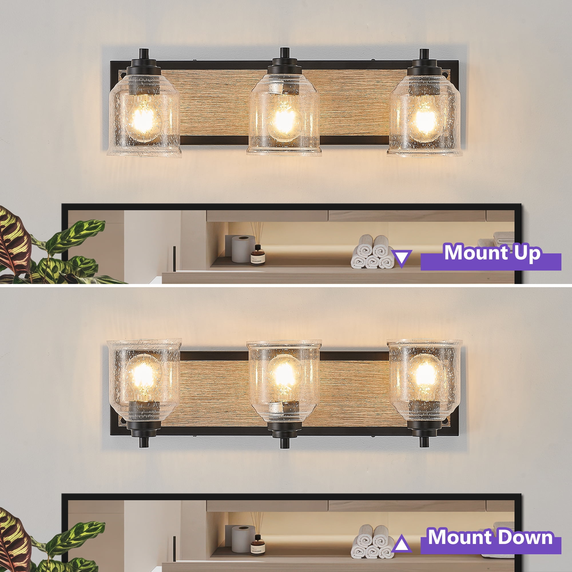 GCGAFUL 23 in. 3-Light Farmhouse Bathroom Vanity Lighting Fixtures Over Mirror with Bubble Glass Shades