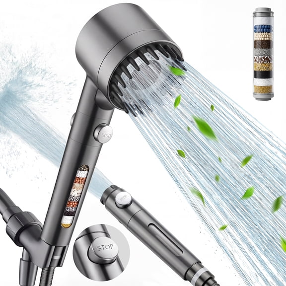 Cshidworld Filtered Shower Head with Handheld, High Pressure Water Flow and 4 Spray Modes Shower Head with Filter, Power Wash for Hard Water, Showerhead with ON/OFF Switch for Pets Bath, Gray
