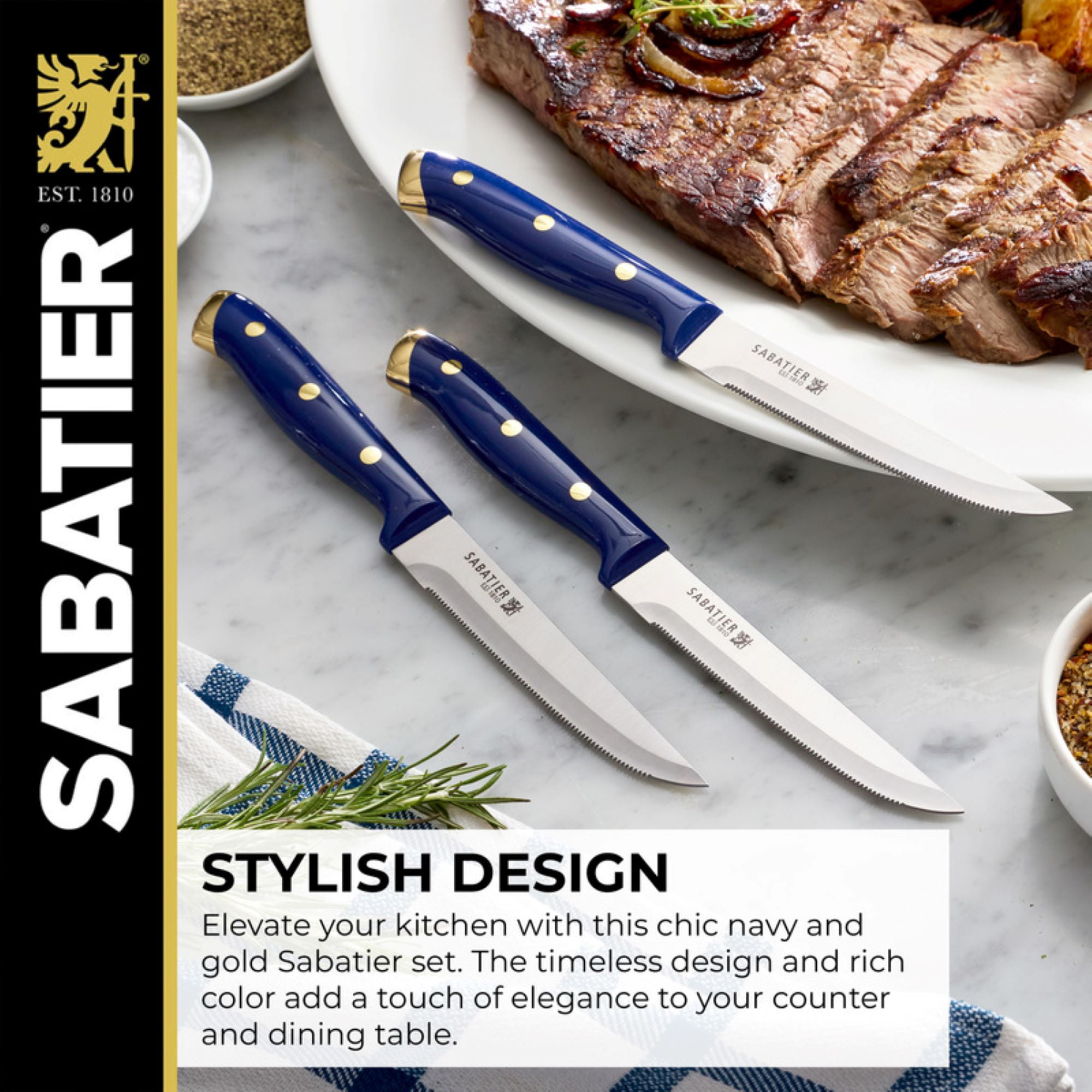 Sabatier 14 Piece Forged Triple Rivet Knife Block Set with Navy Handles and Brass Accents
