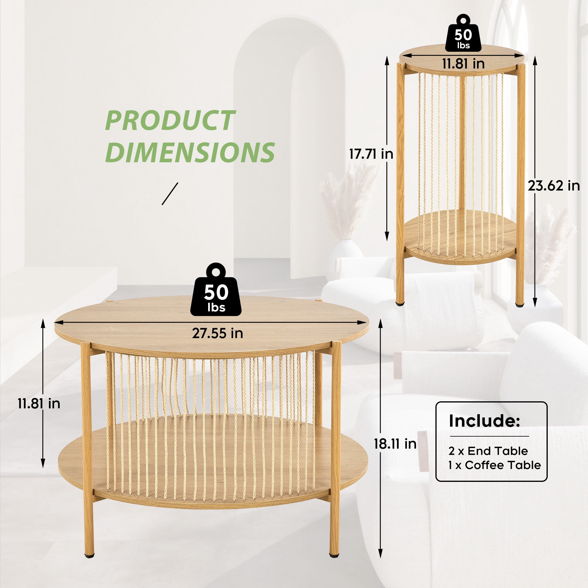 Brafabhome 3-Pieces Coffee Table Set with Hand-Woven Natural Rope, Boho Living Room Table Set with Storage Shelf and Metal Frame, Round Coffee Table & 2 Side Tables for Apartment Home Office