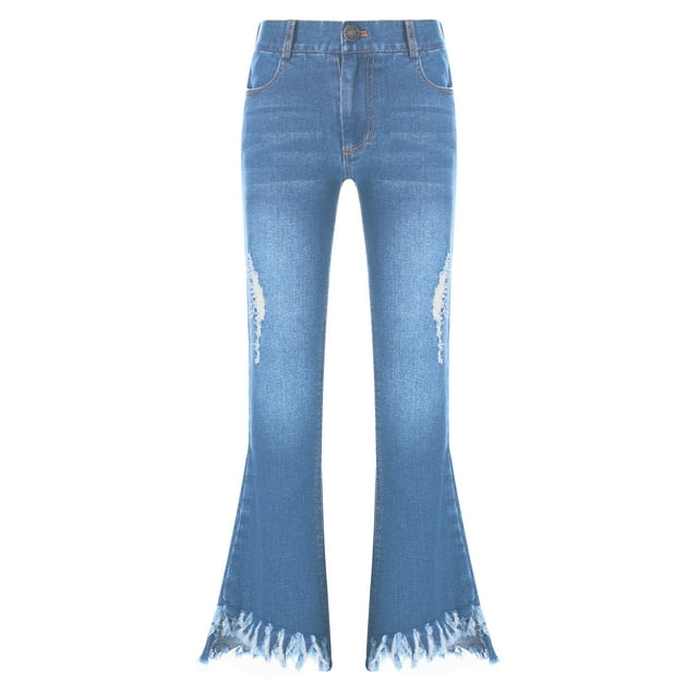 Miaeowve Kids Girls Ripped Flare Jeans Raw Hem Denim Bell Bottom Trousers Retro Washed Wide Leg Distressed Denim Pants Light Blue 10