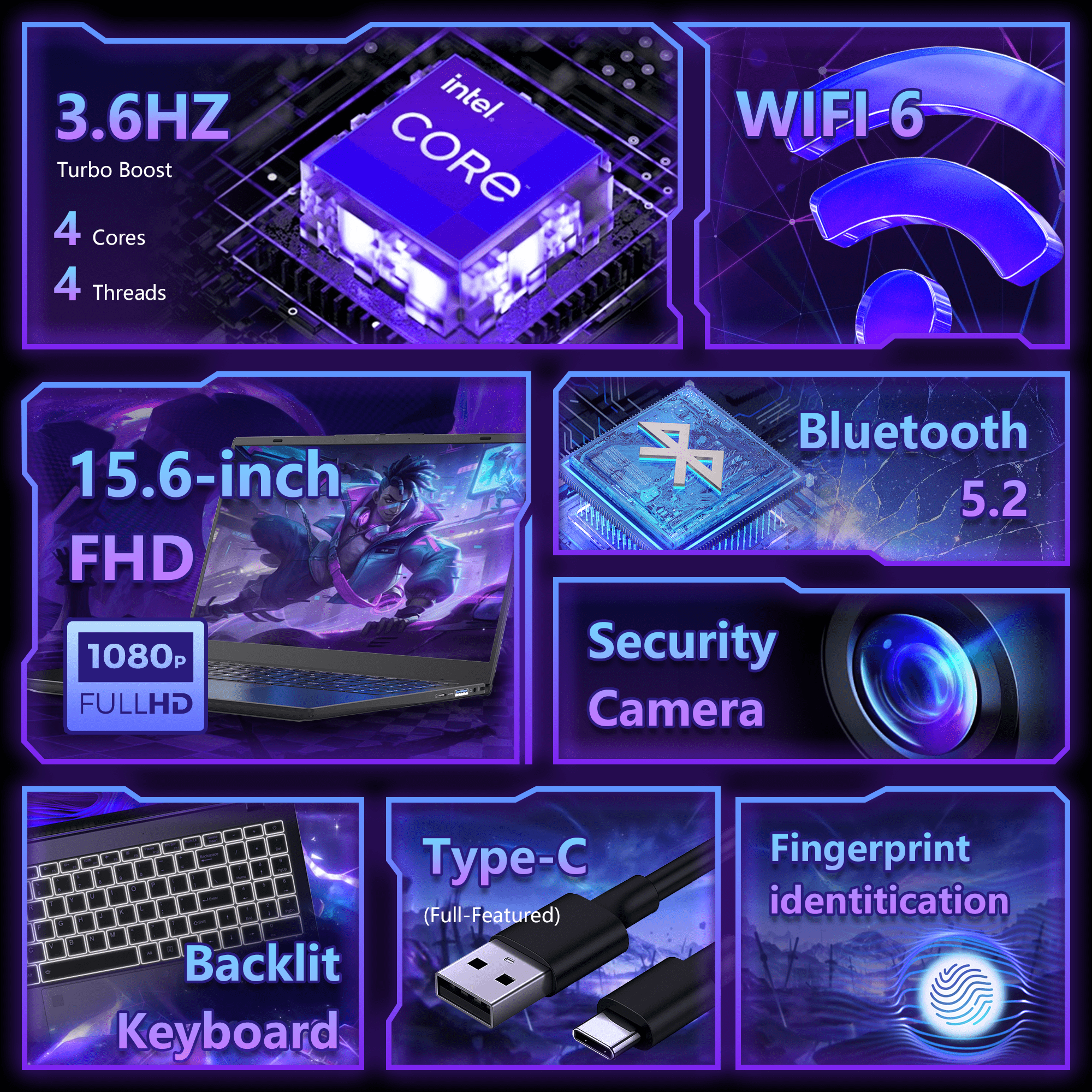 Ningmei 15.6 inch Windows Laptop Intel N150 16GB RAM 512GB SSD Wifi6 Bluetooth5.2 1080P FHD IPS Display Fingerprint Unlock