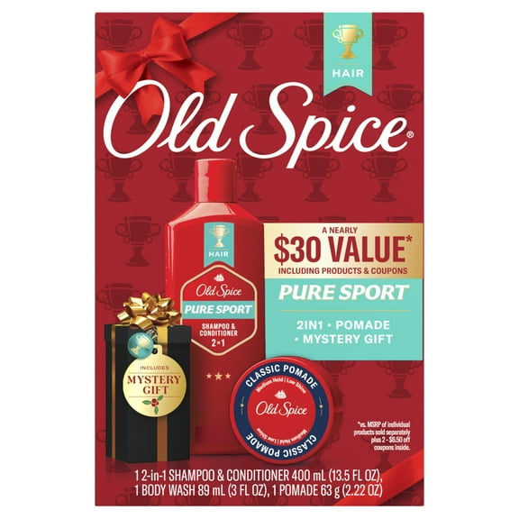 Old Spice Holiday Pack with Pure Sport 2in1 Shampoo and Conditioner, Pomade Styler, & Mystery Gift