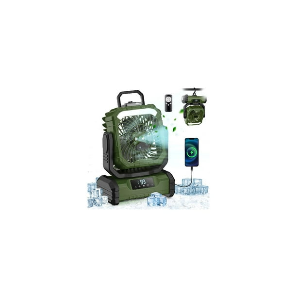 Spopal Ventilador Portátil Recargable con Spray, 20000mAh, 5 Velocidades y Gancho 360°, Luz LED Multifunción, Temporizador, Control Remoto, Modo Silencioso, para Camping, Playa, Hogar (Verde)