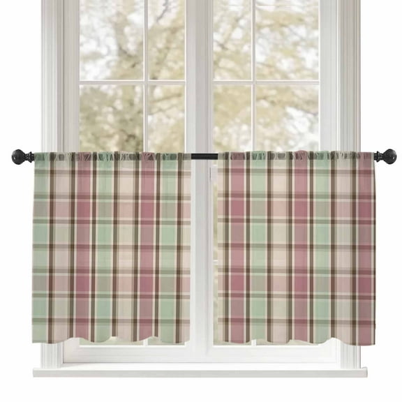 Sheer Curtains 45 inches Long, Pastoral Plaid Pink Green Plaid Farm Style Simple Light Filtering Sheer Window Curtains Rod Pocket Voile Drapes for Bedroom Living Room, 52"W x 45"L 2 Panels