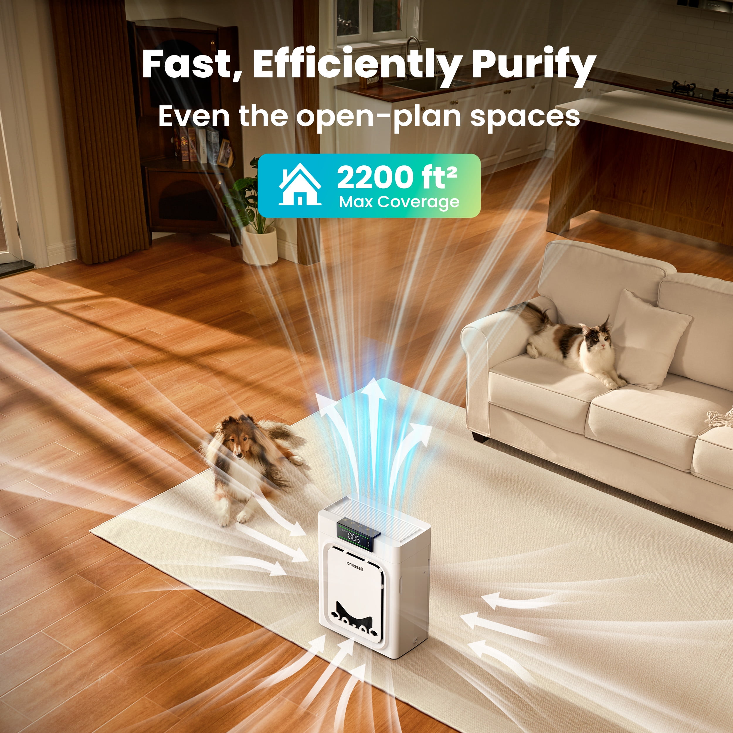 Oneisall PP02 Pet Air Purifiers for Home Up to 2200Ft², Air Purifier for Pets with Double-Sided Inlet & Washable Filters, CADR 320m³/h, 25dB, PM2.5 Display, Air Cleaner for Pet Hair, Dust - White