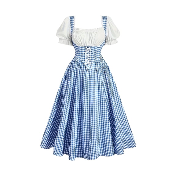 KICILVS Medieval Dress for Women Color Block Corset Lace Up Front Vintage Gingham Peasant Dress Halloween Party Festive Outfit