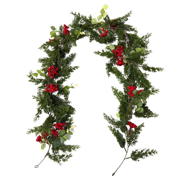 Guirlande de Noël Artificielle Colorée de 1,8 m avec Feuilles Dorées, Baies Rouges, Pin, Toucher Doux, Vigne pour Porte, Mur, Manteau, Déco des Fêtes Intérieur Extérieur