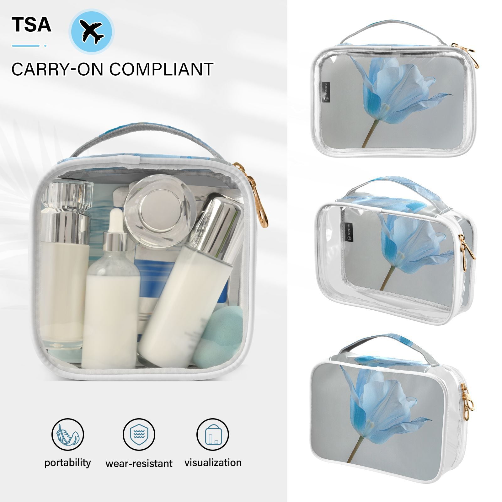 Clear Makeup Bags with Handle Large Opening 2 Pack Set Toiletry Bag Quart Size Bag, for Women Man Traveling Travel Essentials, Toiletries and Other. Blue Tulip