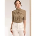 thumbnail image 3 of Women's Spring Mock Neck T-Shirts Stretch Slim Fit Short Sleeve Mesh Ruched Top XL Caramel, 3 of 6
