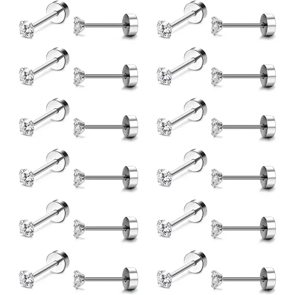 Nmkwnr 12 Pairs Round Cubic Zirconia Stud Earrings Flat Back Earrings 316L Stainless Steel Earring Stud for Women Men, 5MM