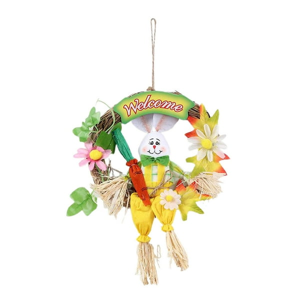 Corona decorativa de primavera, guirnalda redonda de huevos de conejito de Pascua con flores artificiales, Amarillo