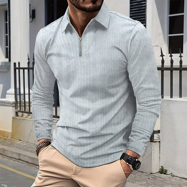 Blusa y camisa de manga larga con cuello vuelto para hombre, informal, de manga larga, con cremallera y solapa a rayas, blusa de manga larga con cuello vuelto, blusa de poliéster para hombre