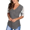 thumbnail image 2 of RYDCOT Women's Lace Short Sleeve V-Neck T-Shirt Loose Casual Summer Tee Tops Gray XL, 2 of 4
