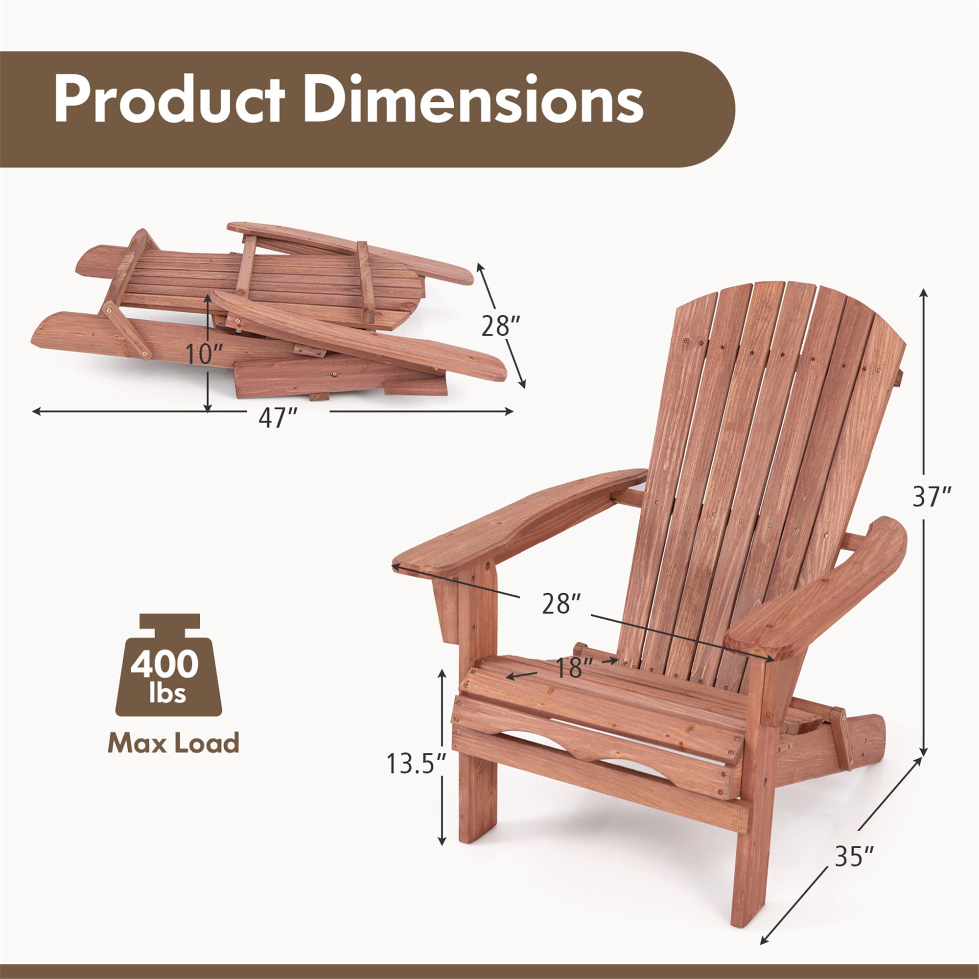 Gymax Folding Adirondack Chair Set of 2 w/ High Backrest & Wide Armrests Wooden Brown