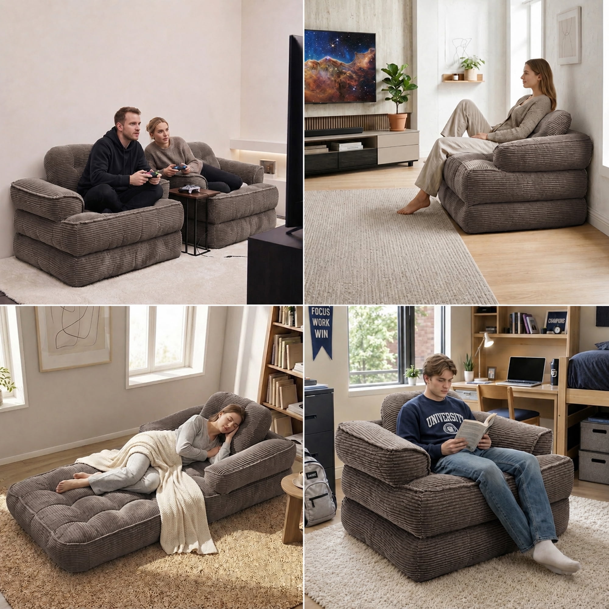 Leumius Folding Sofa Bed, Convertible Sofa Bed with Armrest, Corduroy Boneless Foldable Bed, 2-in-1 Portable Sofa Bed with Pillows for Bedroom, Living Room, Homestay, Game Room Coffee