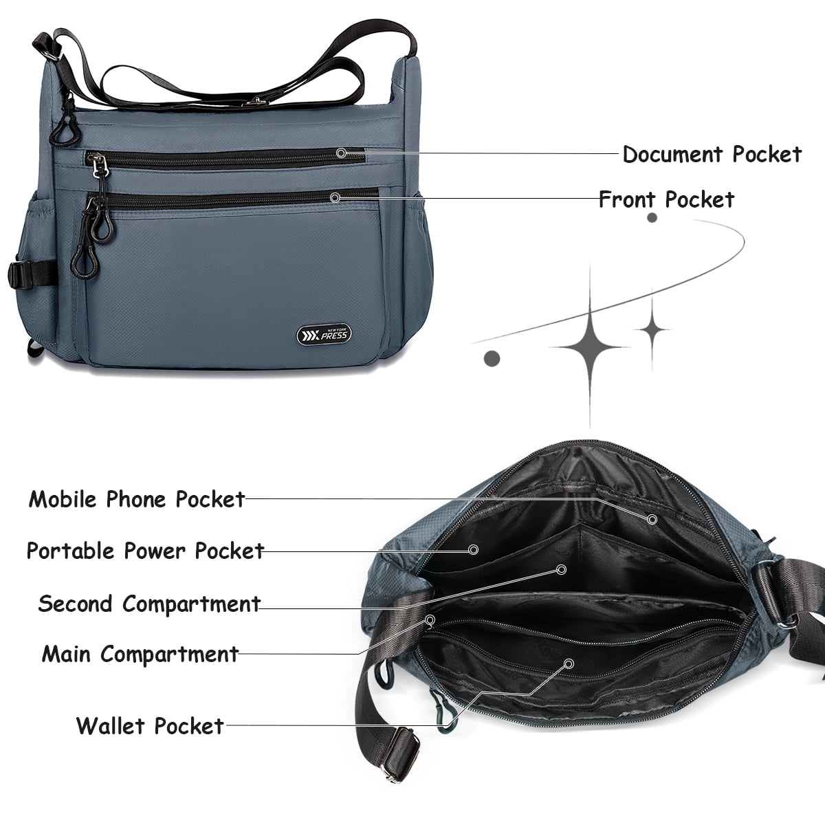 Crossbody Bag for Women Men Multi-Pocket Shoulder Purse Waterproof Lightweight Casual Travel Satchel Handbag,Grey,319