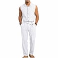 thumbnail image 2 of Ceisia Men Lapel Sleeveless Button Down Shirt and Belted Straight Leg Pants 2 Piece Linen Outfit White XXL Gift, 2 of 8