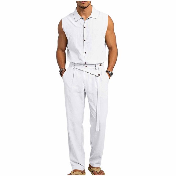 StSilkitty Men's 2 Piece Sets Sleeveless Button down Collared Shirts and Pants Outfits Solid Color Lightweight Comfy Set