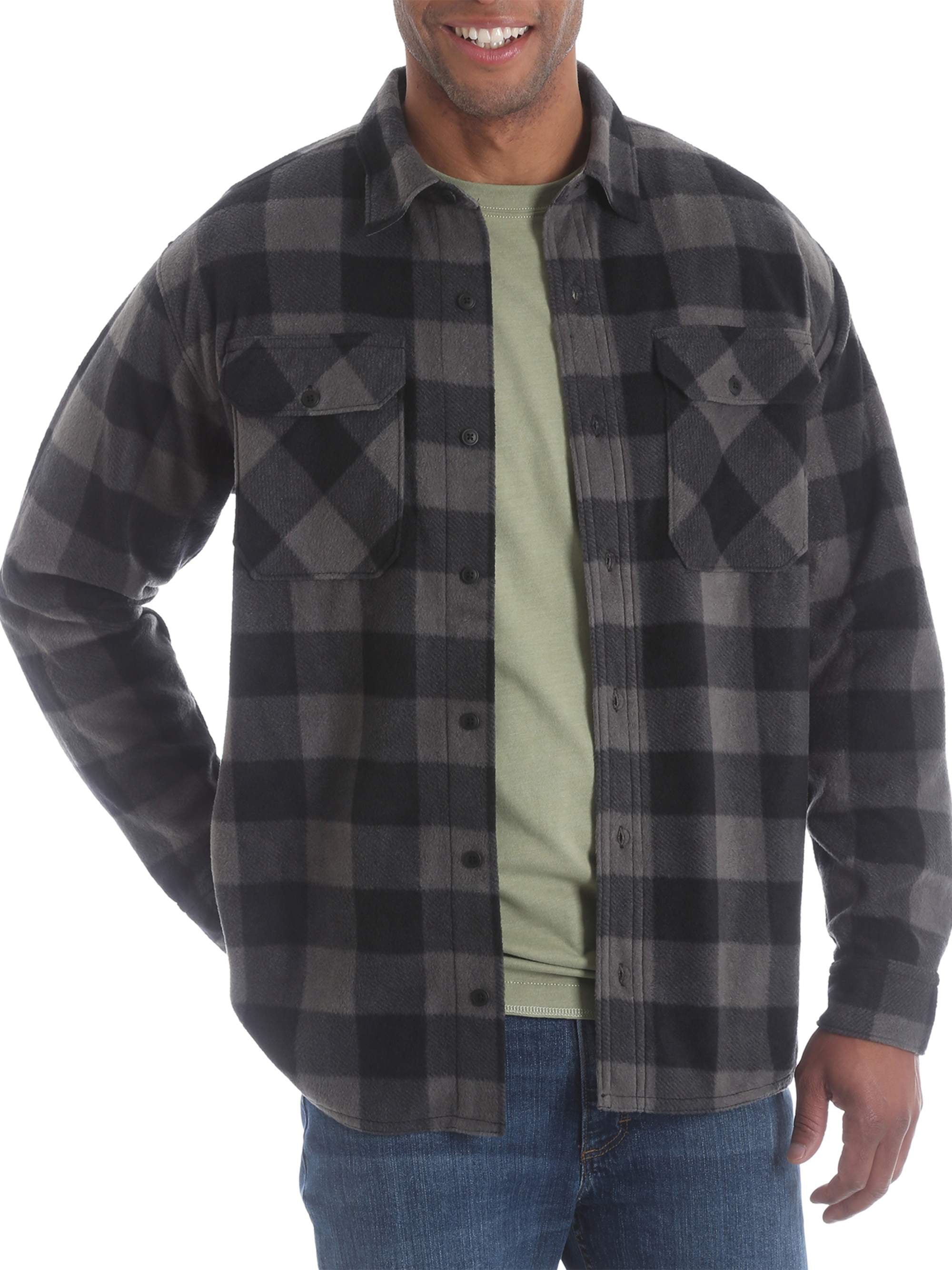 JSY Men Fall Winter Turn Down Long Sleeve Fleece Plaid Button Up Shirts