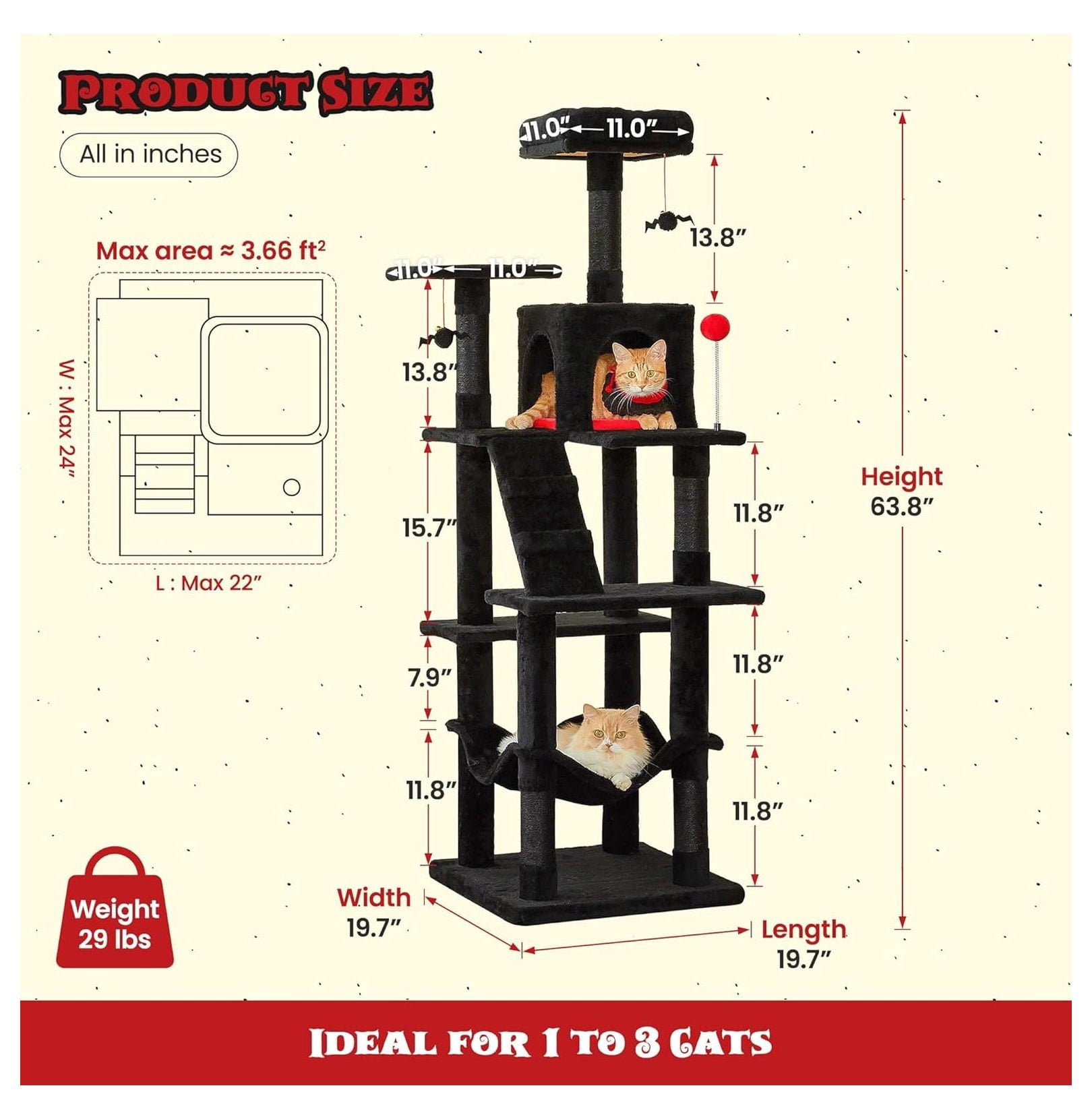 Gothic Cat Tree for Indoor Cats, 63.8" Multi-Level Tower - Black Cat Condo with Sisal Scratching Posts, Hammock & Bat Toys
