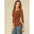 thumbnail image 2 of INSPIRE CHIC Women's Button Decor V Neck 3/4 Sleeve Solid Blouse Knitted Ruched Top, 2 of 6