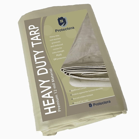 Protectera Heavy Duty Waterproof Tarp - 12 mil Thick - 12 feet by 16 feet - Neutral Tan Color