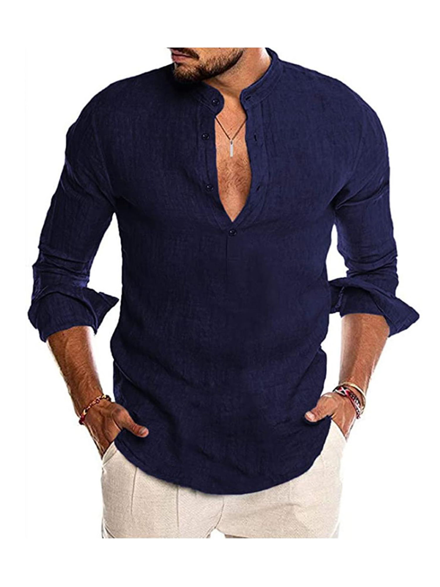 Mens Henley Grandad Collar Cotton T-Shirts Comfortable Long Sleeve Tee Shirts Tops S-XXL