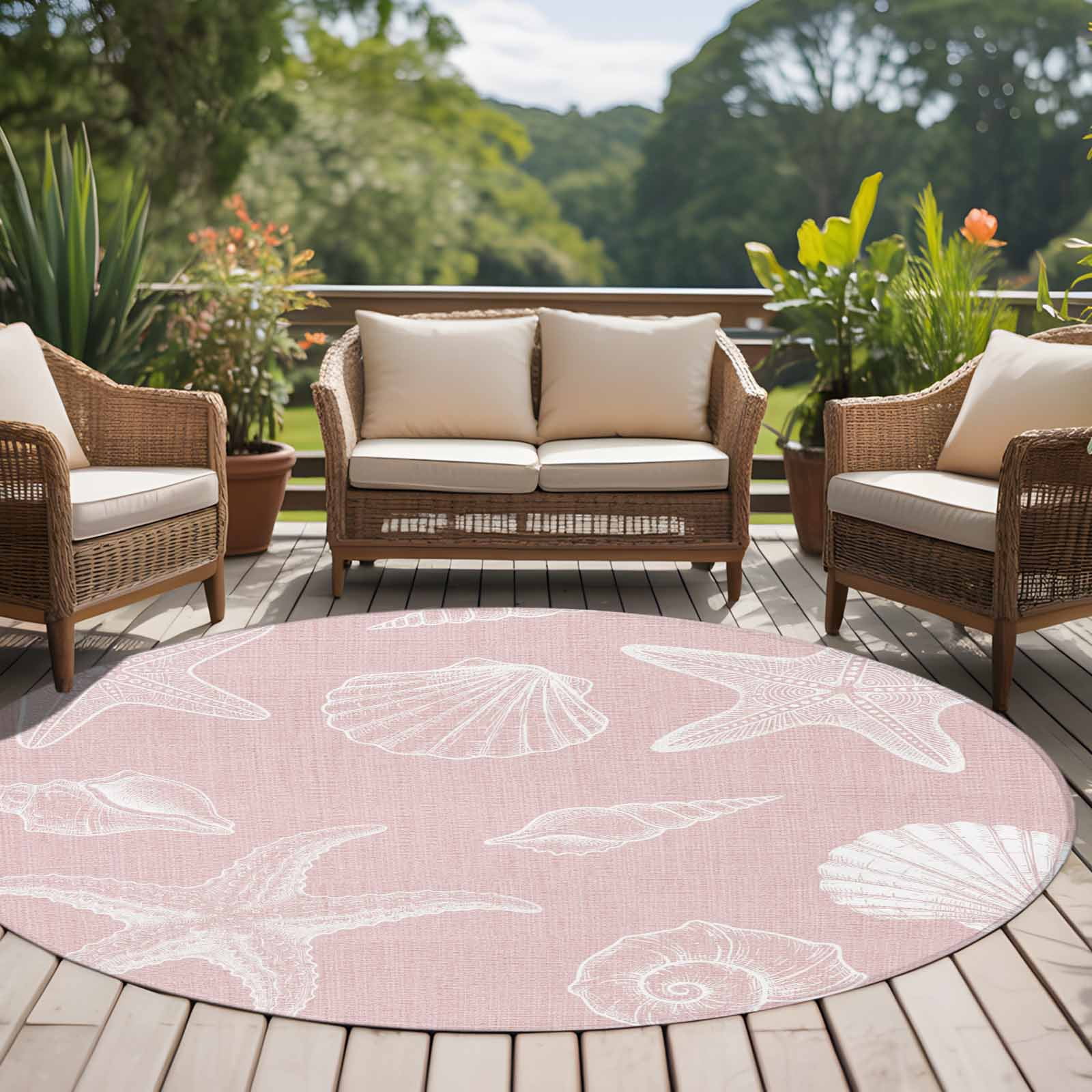 Marine Life Round Area Rug 7Ft Washable Circle Rugs for Dorm Laundry Room, Summer Ocean Starfish Conch Seashell Pink Non-Slip Carpet Floor Mats Indoor Outdoor Carpet Runner Aesthetic Home Decor