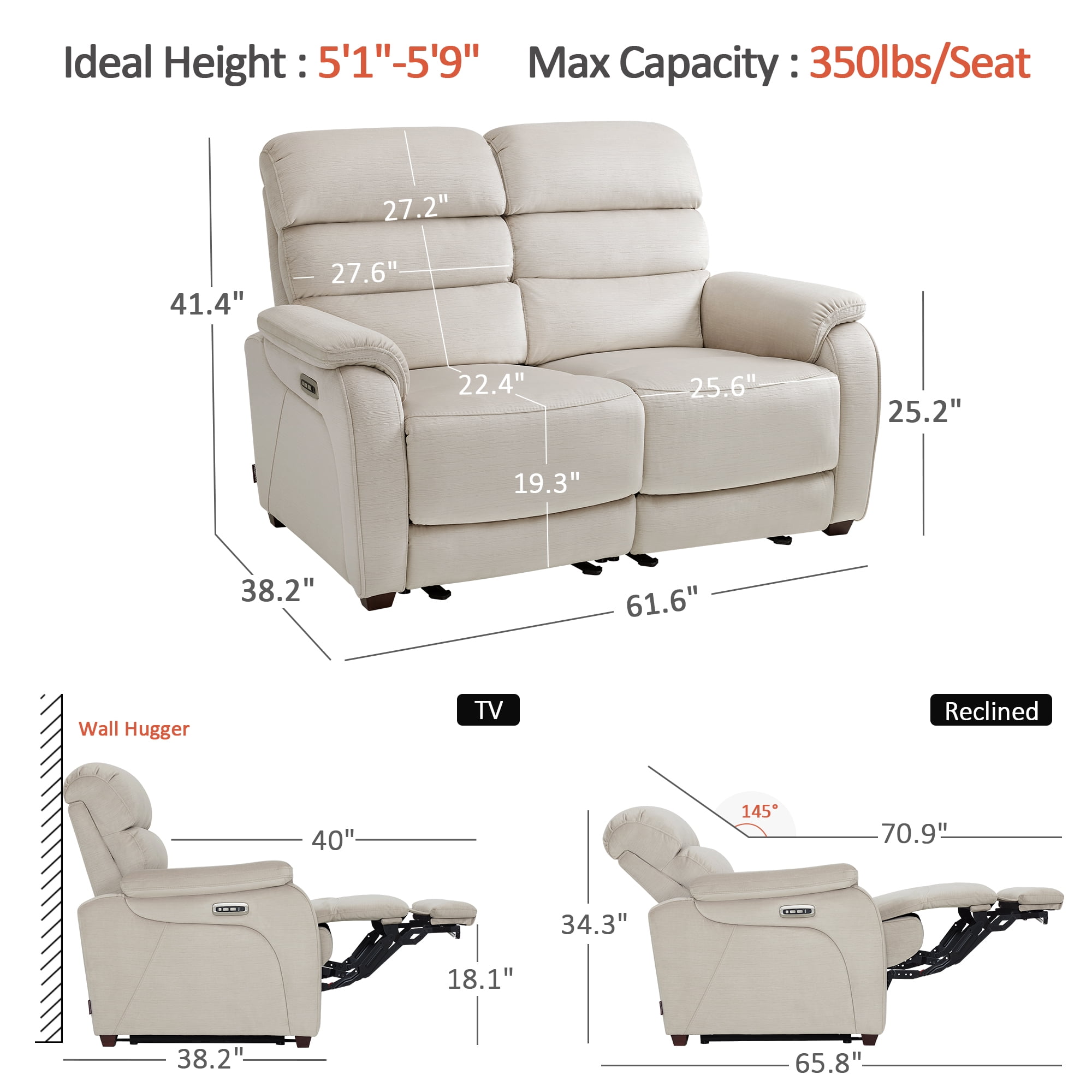 MCombo Zero Wall Hugger Power Recliner Loveseat for Living Room, RVs, Small Spaces, Fabric, Beige