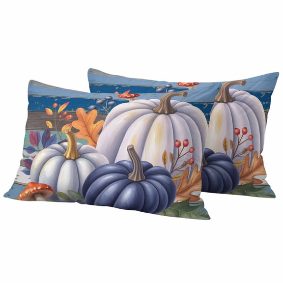Lumbar Pillow Covers 12 x 20 Inches, Fall Blue Waterproof Throw Pillow Cover Set of 2, Thanksgiving Pumpkin Mushrooms Leaves Wood Decorative Rectangle Cushion Covers for Patio/Tent/Couch/Garden