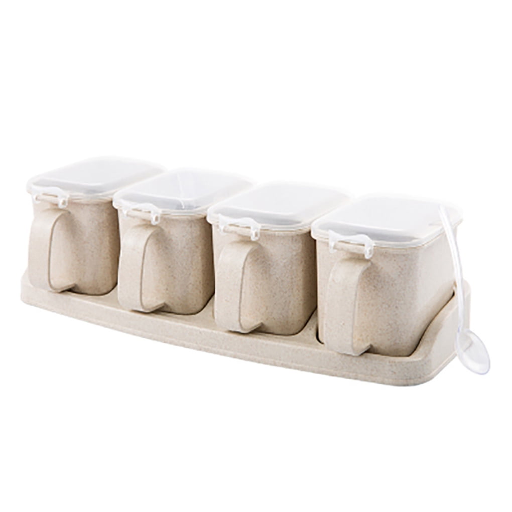 ROBOT-GXG 4 Grid Seasoning Box Set Spice Salt Sugar Jars Pepper Condiment Storage Container with Small Spoon