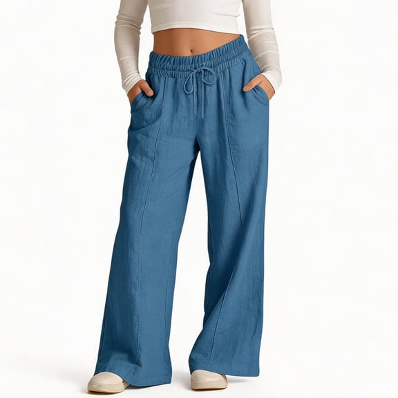 Pretxorve Kids Girls Wide Leg Pants Solid Linen Mix Fabric Loose Drawstring Side Pockets Casual Bottoms