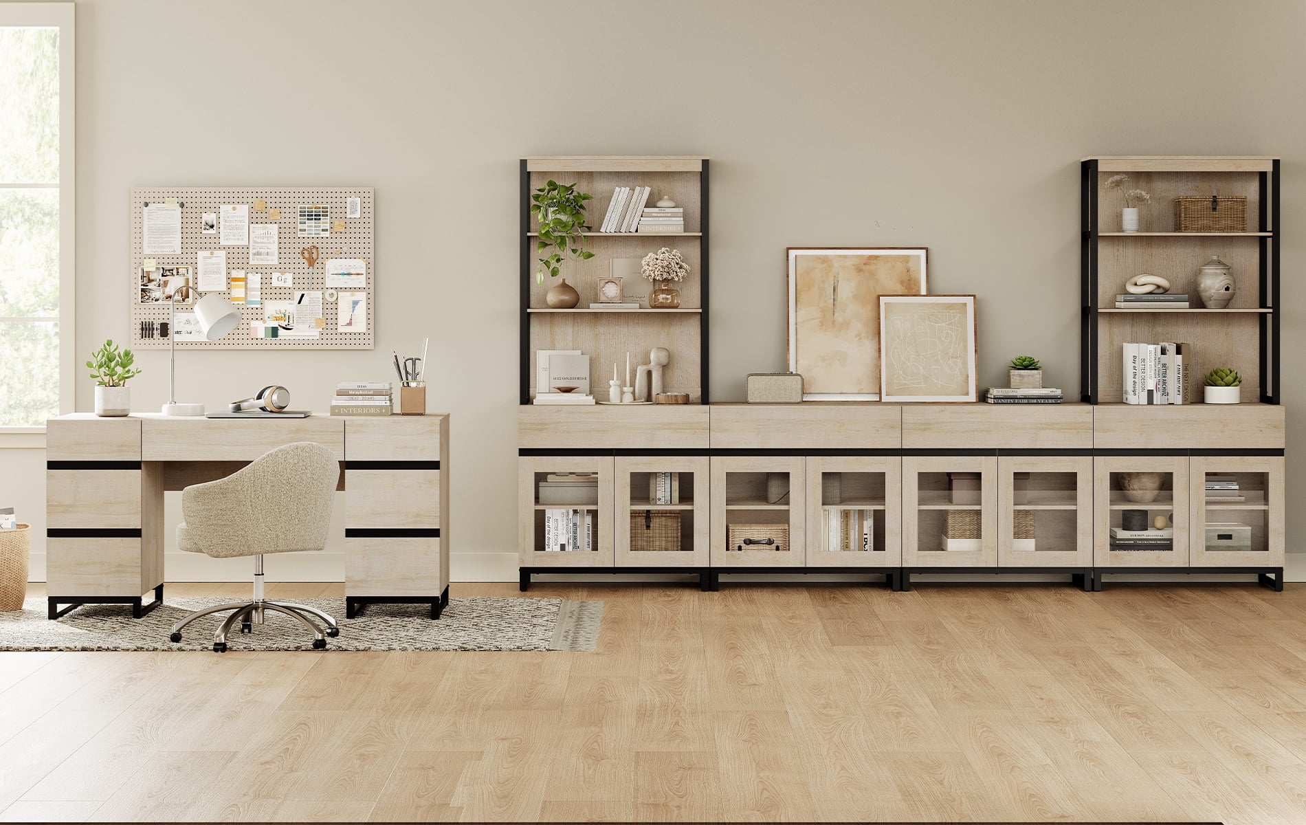 WAMPAT Office Furniture Set: 59in Modern Executive Desk with Charging Station & Drawers and Two 72in Tall Bookcases With 3 Tiers And 4 Cabinets,Home Office Furniture for Living Room, Beige