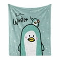 thumbnail image 1 of Hello Winter Soft Flannel Fleece Throw Blanket, Pastel Lettering Mom and Baby Penguins in Snow, Cozy Plush for Indoor and Outdoor Use, 50" x 60", Seafoam Seafoam, by Ambesonne, 1 of 5