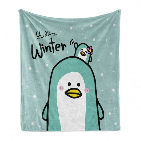 Hello Winter Soft Flannel Fleece Throw Blanket, Pastel Lettering Mom and Baby Penguins in Snow, Cozy Plush for Indoor and Outdoor Use, 50" x 60", Seafoam Seafoam, by Ambesonne