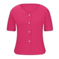 thumbnail image 7 of Staron Women's Casual V-Neck Button-Up Short Sleeve Shirt Jacket Loose Comfy Blouse with Pockets Vintage Fashion Top, Hot Pink L, 7 of 7