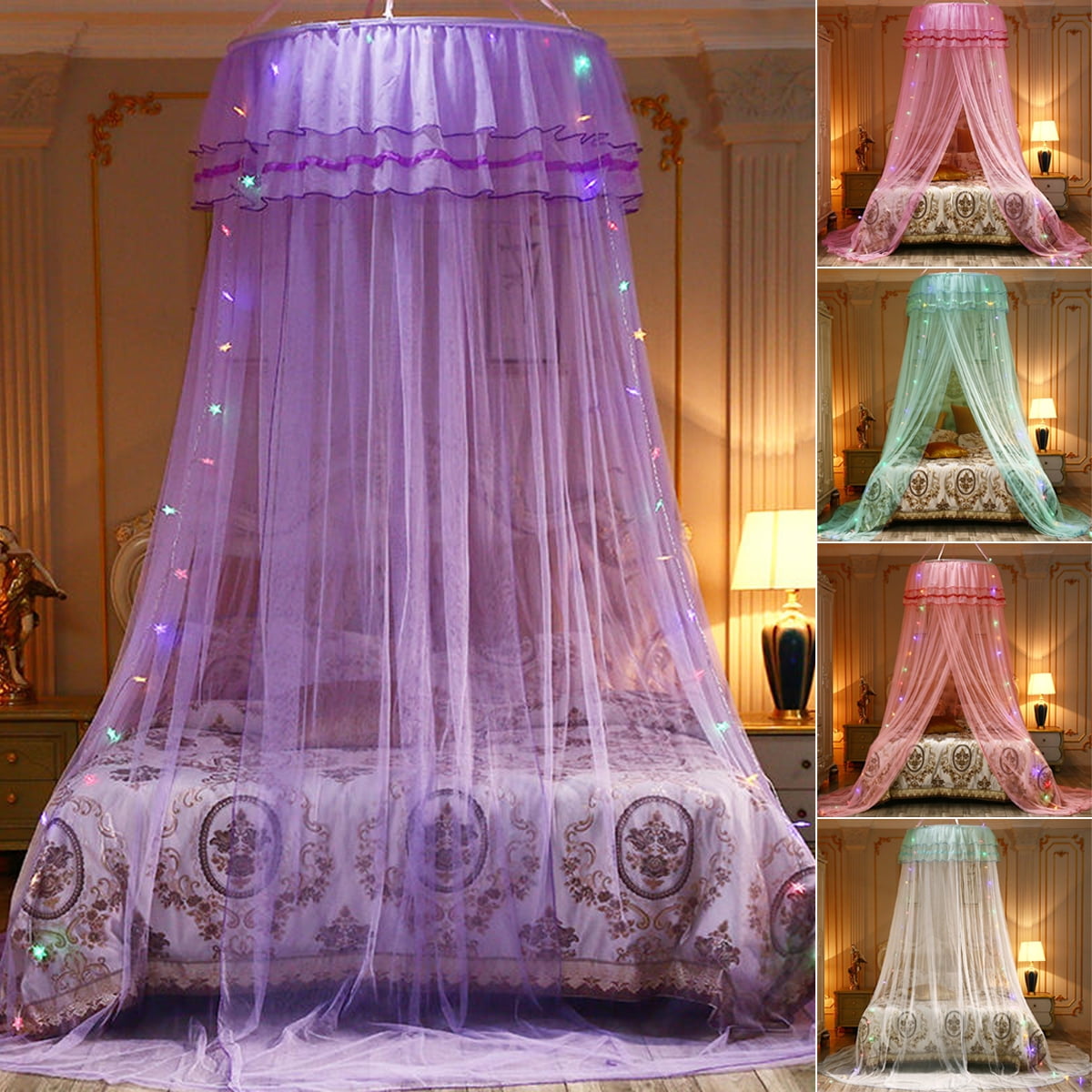4 Corner Bed Netting Canopy Mosquito Priceness Double Net LED Light Curtain 