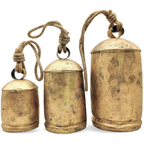 Shabby Chic Set of 3 Country Rustic Style Bells Handmade Metal Harmony Christmas Hanging Cow Bell Set on Jute Rope (Large)