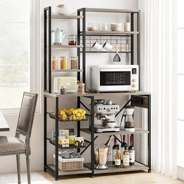 BeesClover Microwave Stand, with Storage, with Power Output, 7-Tier Kitchen Bakers Racks, with Hook, Baker Rack for Kitchen, Dining Room, Bakery