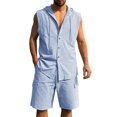 thumbnail image 6 of Migroa Mens 2 Piece Linen Set Outfits Sleeveless Hoodies And Drawstring Casual Track Shorts Set Beach Tank T Shirts Solid Sets Light Blue L, 6 of 8