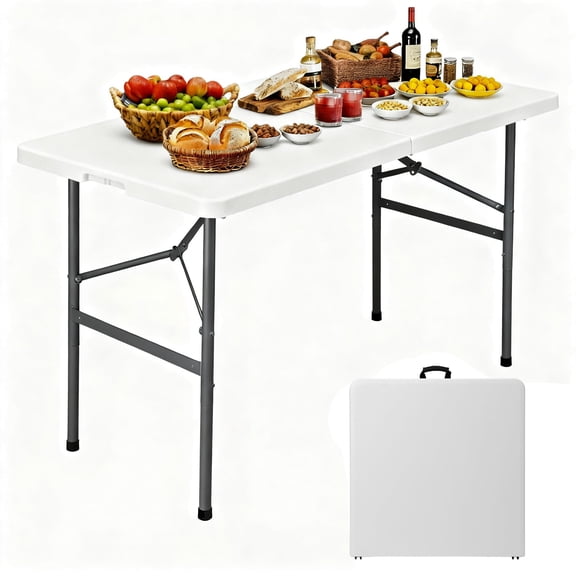 4 ft Indoor Outdoor Heavy Duty Plastic Folding Table Picnic Table Fold-in-Half Utility Table w/Handle and Steel Legs for Camping, Dining, Party, White
