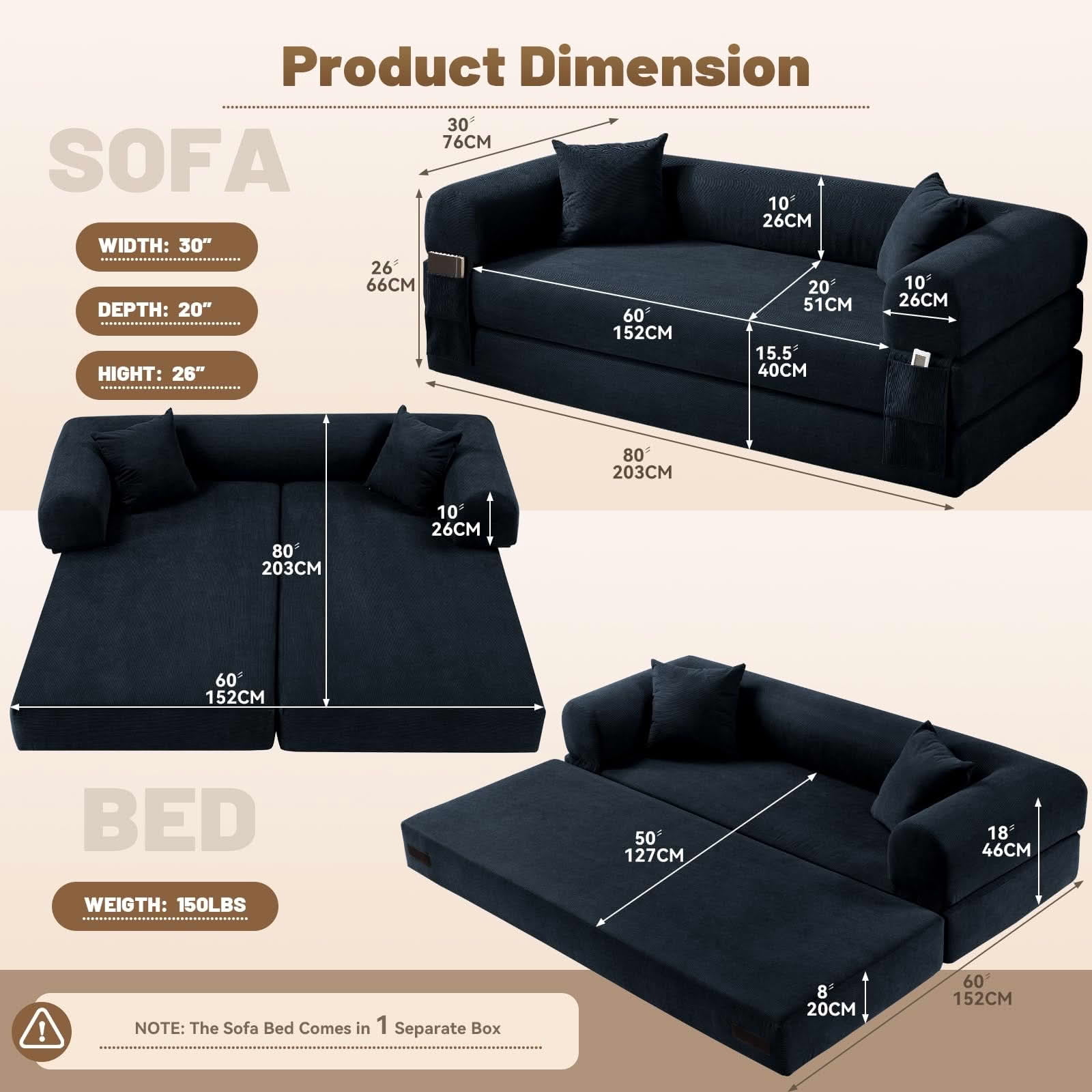 MAYEERTY 80" Dark Blue Corduroy Convertible Sofa Bed, 600lbs Queen Size Fold Out Sleeper Couch with Storage & No Assembly for Living Room