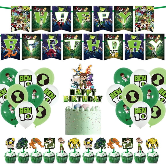 Boy Kids Birthday Party Ben 10 Theme Party Decoration Supplies Omnitrix Balloons Cartoon ET Alien Cupcake Topper Cards Set