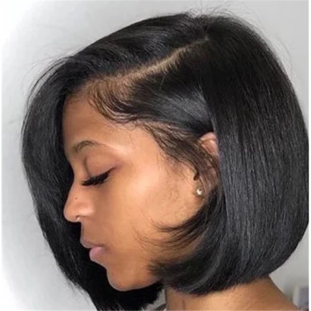 Pelucas de moda europeas y americanas, cabello corto, cabello lacio, flequillo largo, bob negro esponjoso y hermoso natural, aproximadamente 35 cm ZefeiWu 8390606163714