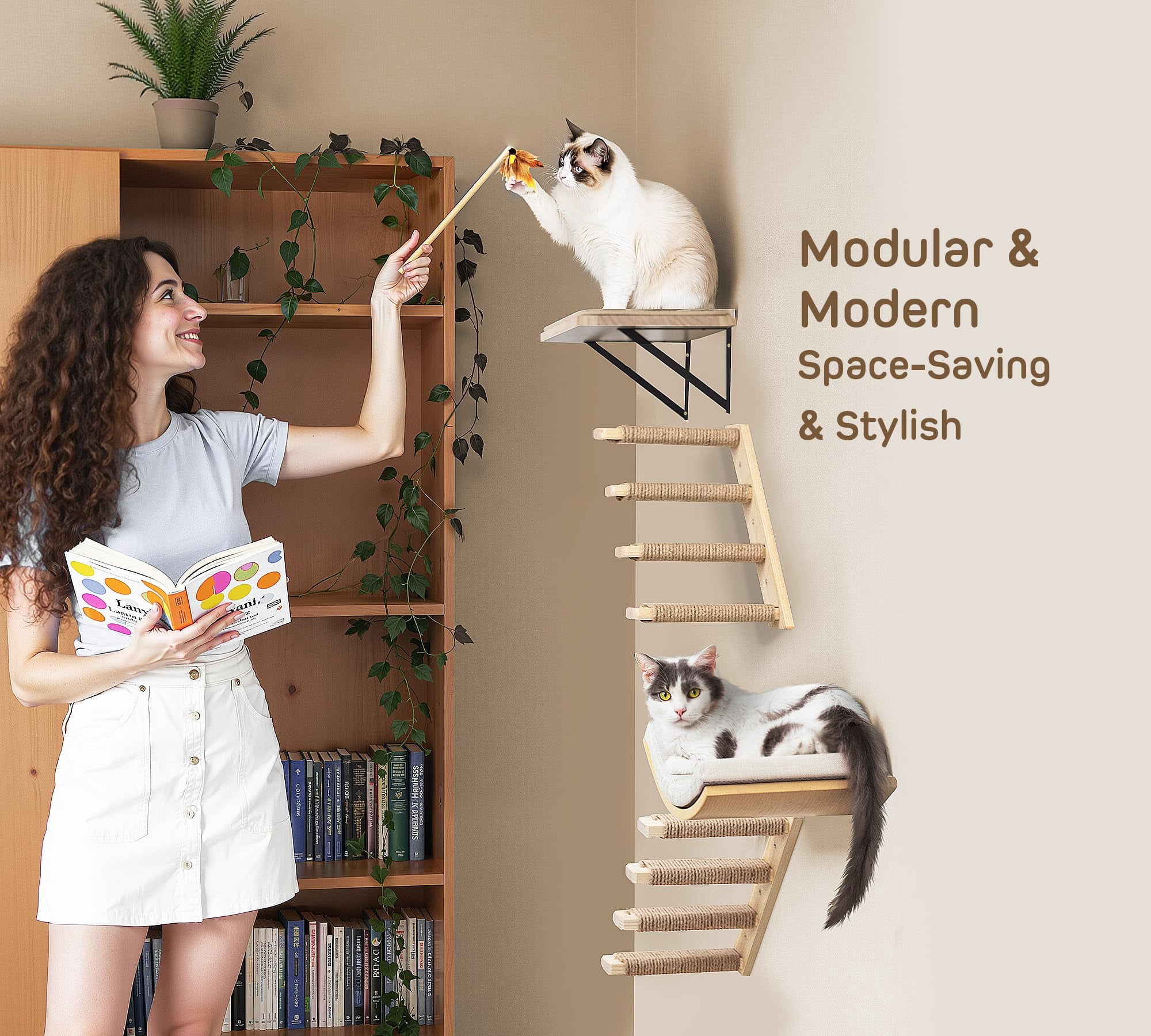 Cat Wall Climbing Furniture Set Foam/Felt-Wood 1 Curved Bed 1 Shelf 2 Ladders