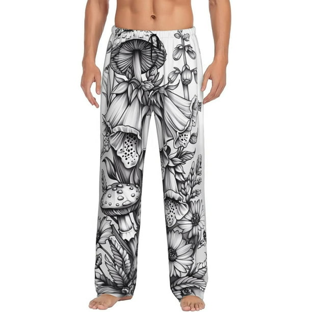 Fotbe Monochrome Botanical Illustration Pantalones de Pijama para Hombre, Pantalones de Dormir, Pantalones de Casa con Cintura Ajustable y Bolsillos-Large