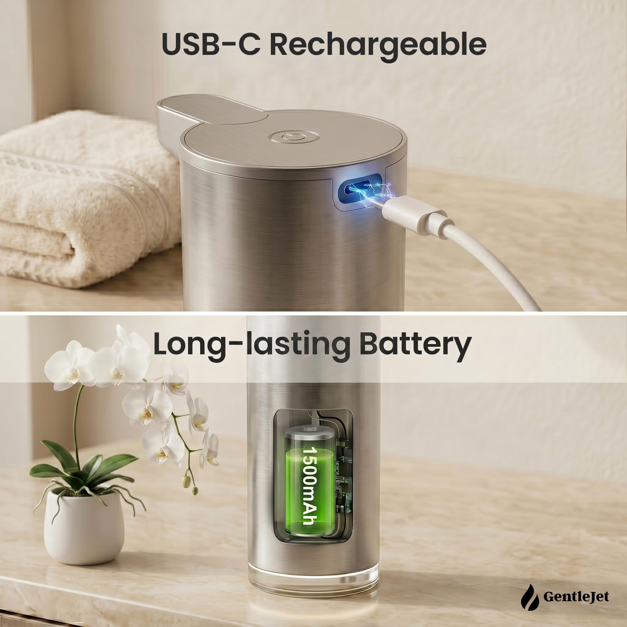 GentleJet EasyFoam Automatic Foaming Soap Dispenser  Touchless Sensor, USB-C Rechargeable, 304 Stainless Steel, IPX5 Waterproof for Bathroom Kitchen Sink, 280 ml