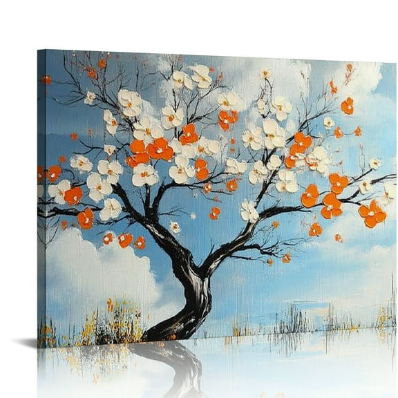 Patifu Hand-Painted Flowers Oil Painting On Canvas Large Wall Art for Living Room, Modern Wall Decor,Plum Blossom Oil Painting Wall Art,Tree Teal Blue Artwork for Home Bedroom Decor 20x16in