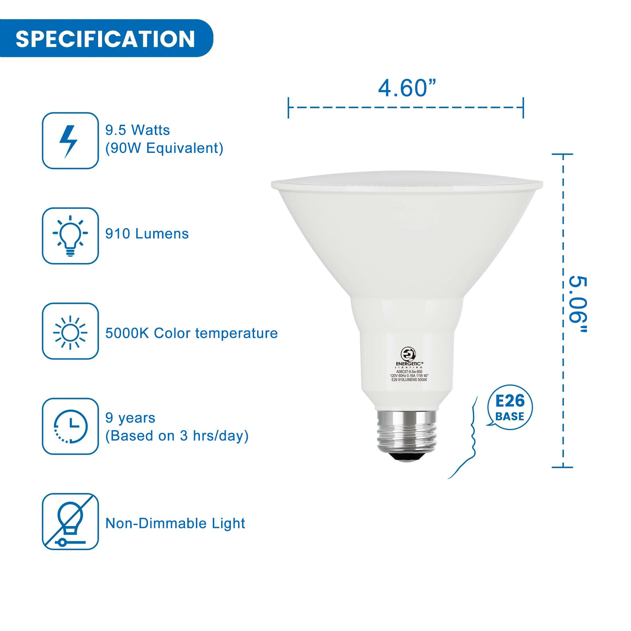 Energetic 9.5W Non-Dimmable PAR38 LED Floodlight Bulb, 90W Equivalent, Daylight, E26 Base, 6 Pack